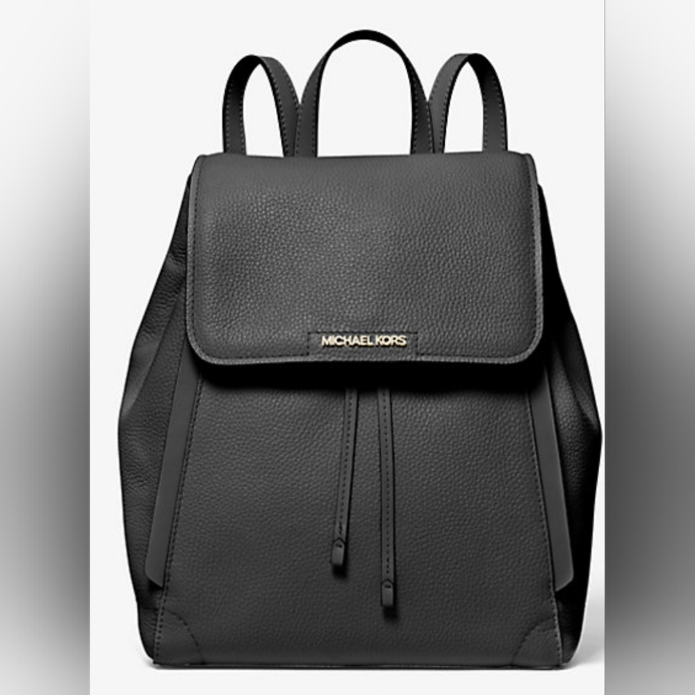 Michael Kors Black Pebbled Leather Drawstring Backpack